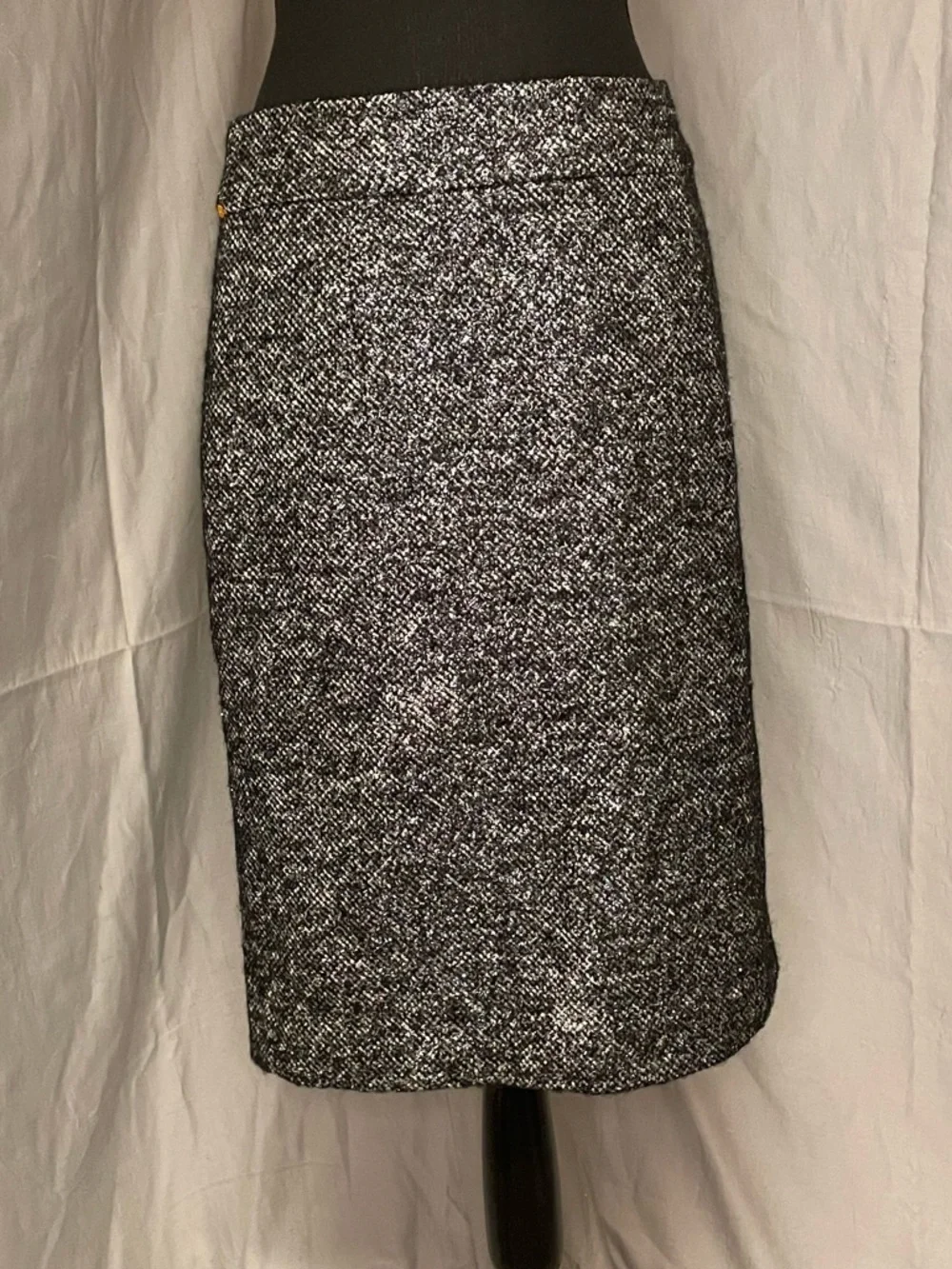 J. Crew Black and White Silver Metallic Tweed Wool Alpaca Blend Pencil Skirt